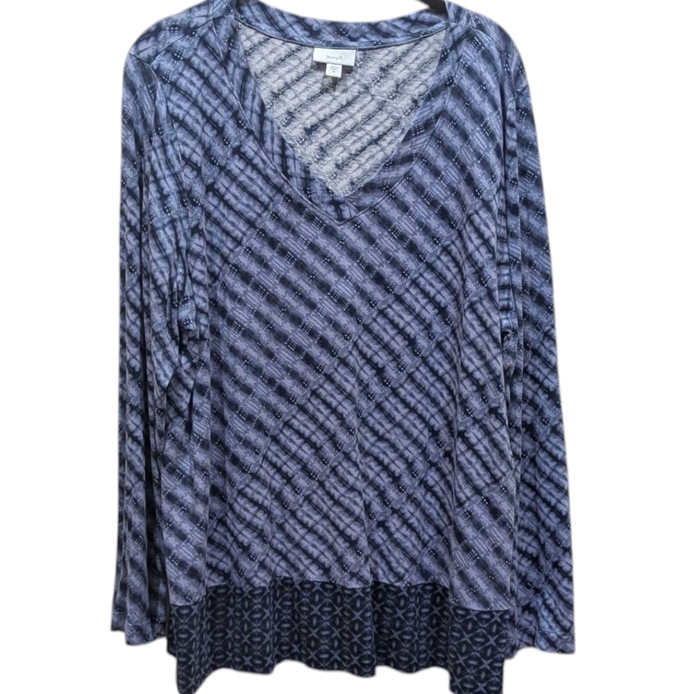 Pure Jill Blue V-Neck Drapey Slouchy Tie-dye Contrast Print Long Sleeve Top (XL)